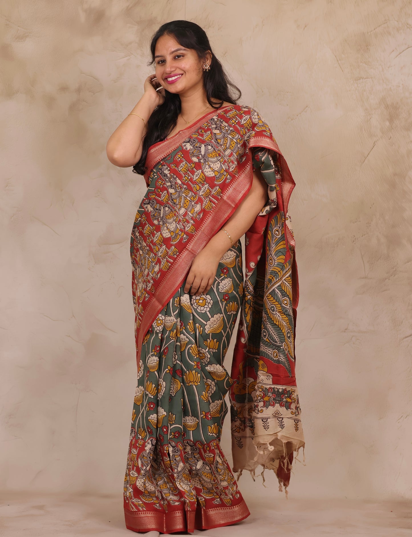 Gray Kalamkari Nizam Border Chennur Silk Saree | Looms & Tassels