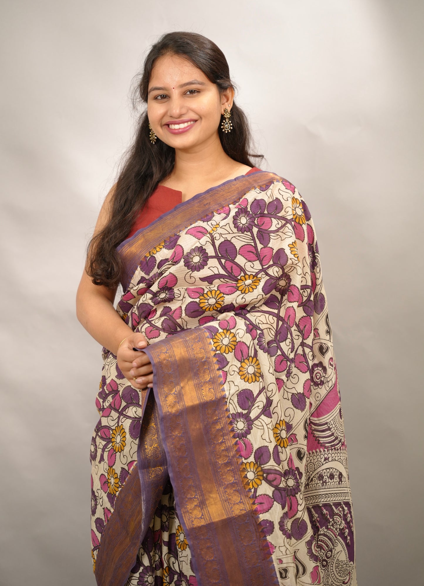 Off White Kanchi border Kalamkari chennur silk saree | Looms & Tassels