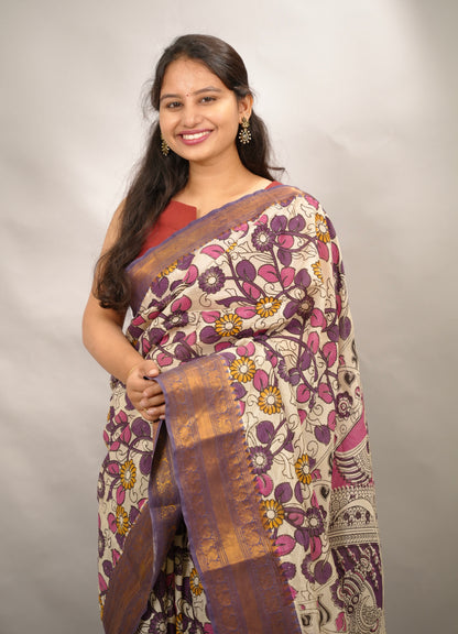 Off White Kanchi border Kalamkari chennur silk saree | Looms & Tassels
