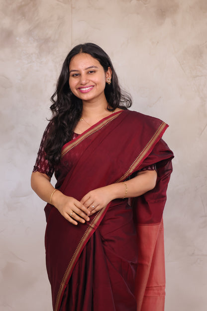 Maroon Narayanpet Cotton Saree with Ikkat Blouse Piece | Looms & Tassels