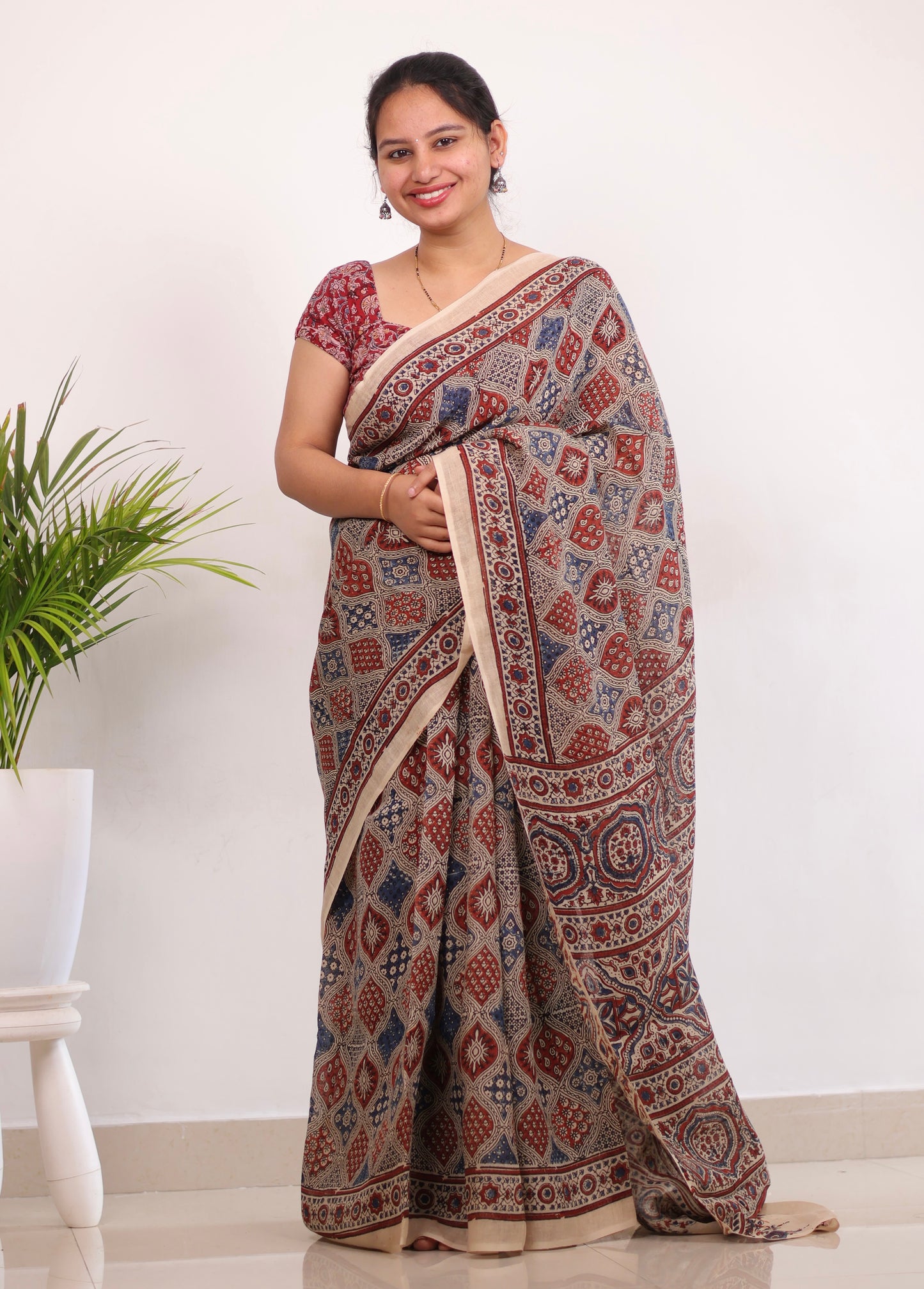 Cream Badam Butta Ajrakh Handblock Printed Saree