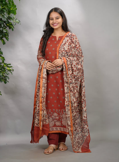 Maroon Kalamkari Kota Cotton 3 piece suit (stitched) | Looms & Tassels