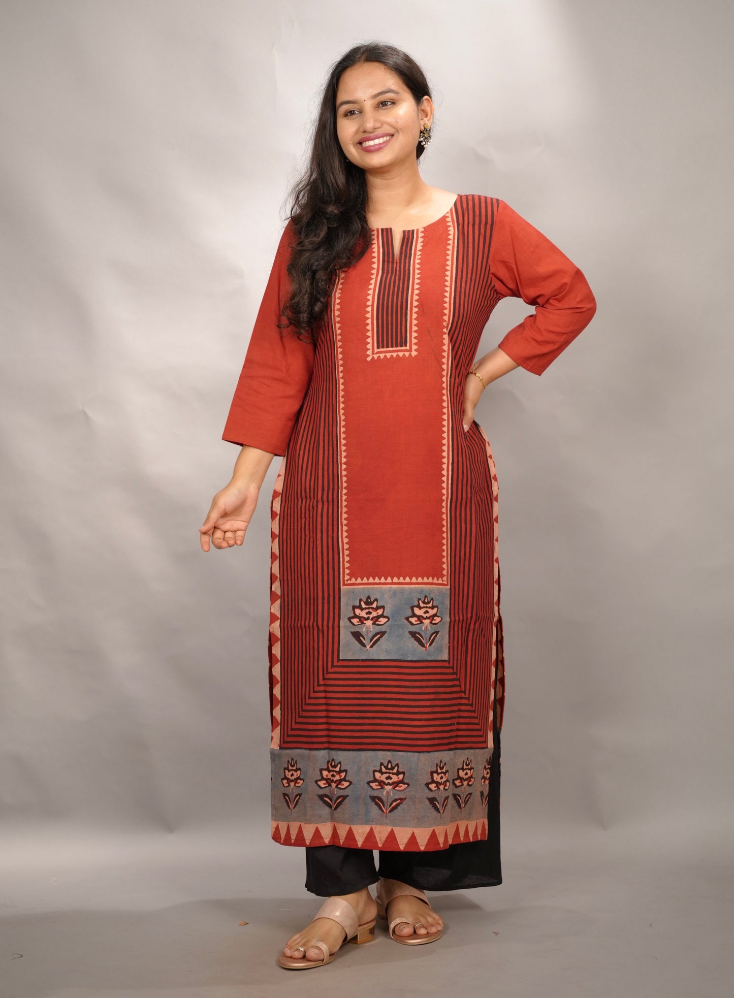 Red Ajrakh Pattern Hand Block printed Kurti | Looms & Tassels