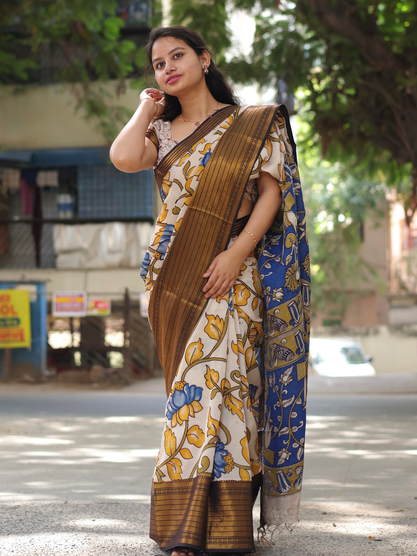 Yellow Lotus Kanchi Border Kalamkari Chennur Silk Saree