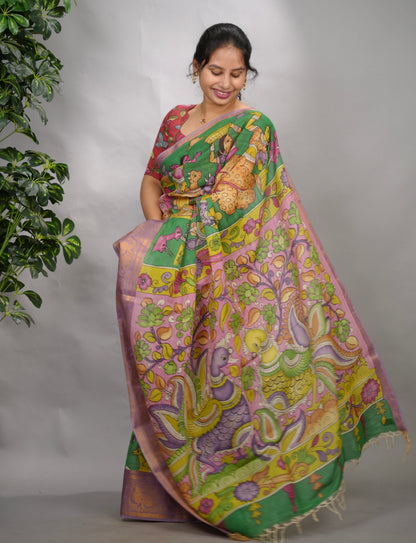 Green Hand Drawn Pen Kalamkari Bangalore Silk Kanchi Border Saree | Looms & Tassels