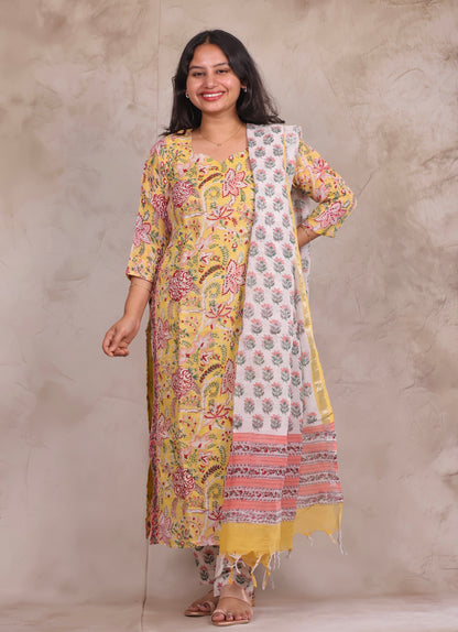 Yellow Linen Cotton Handblock printed 3 piece suit (stitched)