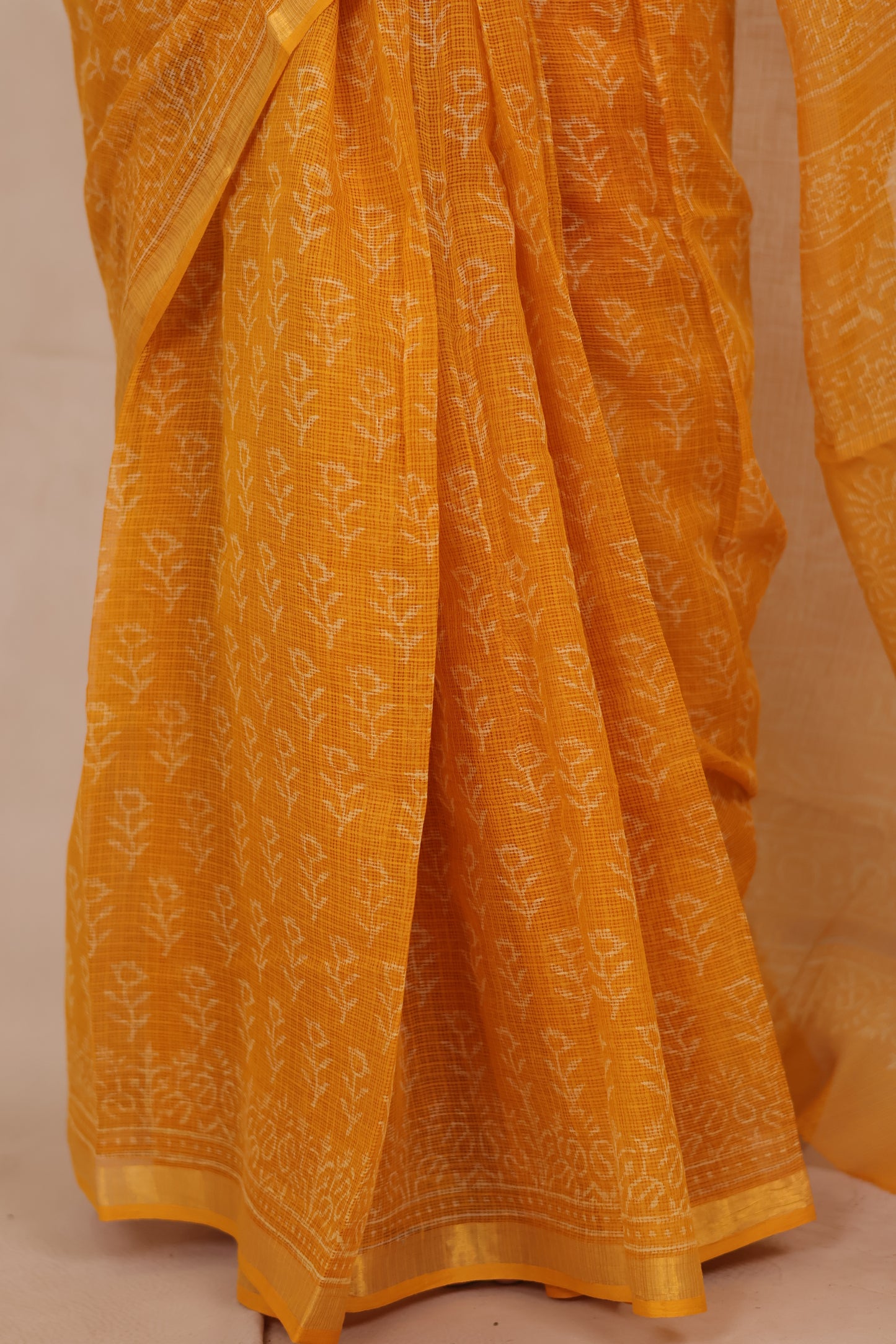 Yellow Pure Kota Doria Saree with Bagru Handblock Prints | Looms & Tassels