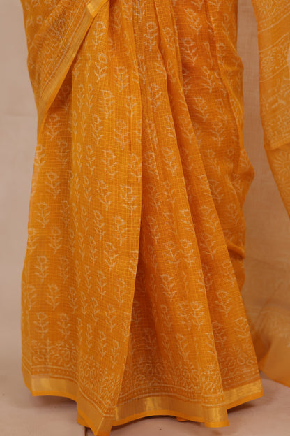 Yellow Pure Kota Doria Saree with Bagru Handblock Prints | Looms & Tassels