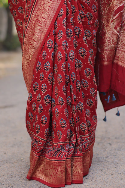 Red Ajrakh Dola Silk Saree