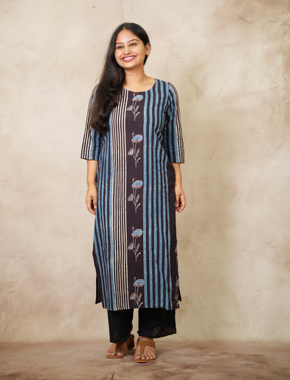 Blue & Black Ajrakh Pattern Hand Block printed Kurti | Looms & Tassels