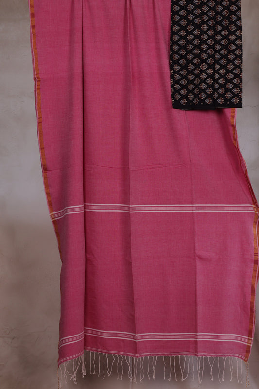 Pink Handwoven Premium Malai Cotton Saree with Tissue Pallu comes with Ajrakh Cotton Blouse piece| Looms & Tassels