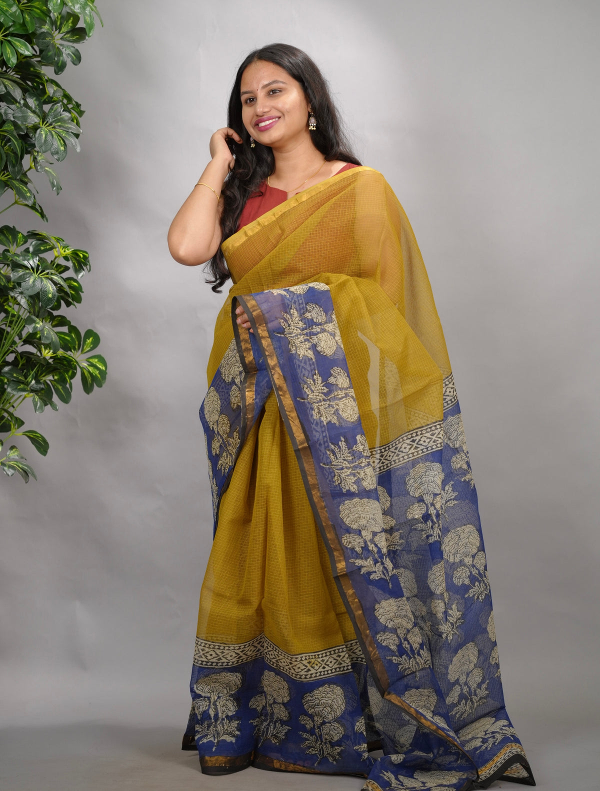 Mustard and Blue Pure Kota Doria Saree with Bagru Handblock Prints