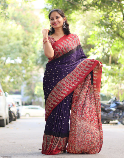 Purple Ajrakh Bandhej Modal Silk Saree