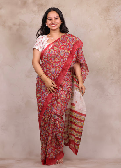 Red Chiffon Hand Block Printed Saree | Looms & Tassels