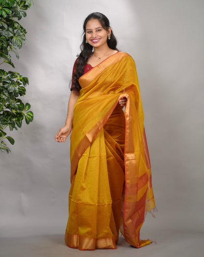 Mustard Yellow Checks Handloom Maheswari Silk Cotton Sarees | Looms & Tassels