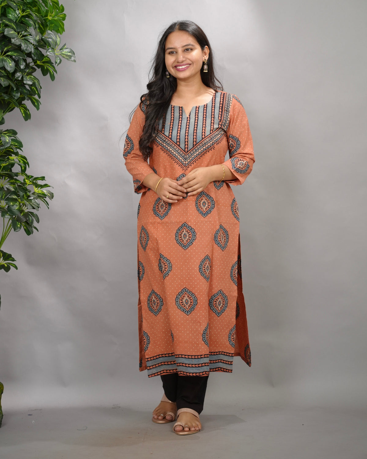 Peach Ajrakh Pattern Hand Block printed Kurti | Looms & Tassels