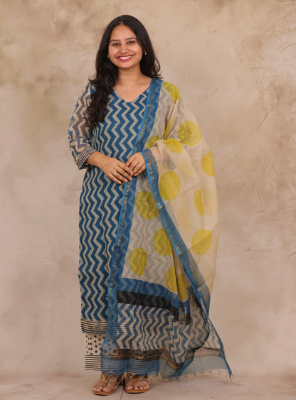 Cyan Blue Contemporary Handblock printed kota 3 piece suit (stitched)