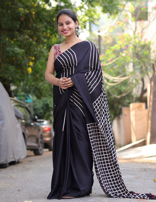 Black Ajrakh Modal Silk Saree