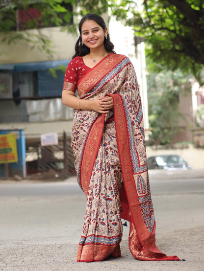 Cream Ajrakh Dola Silk Saree