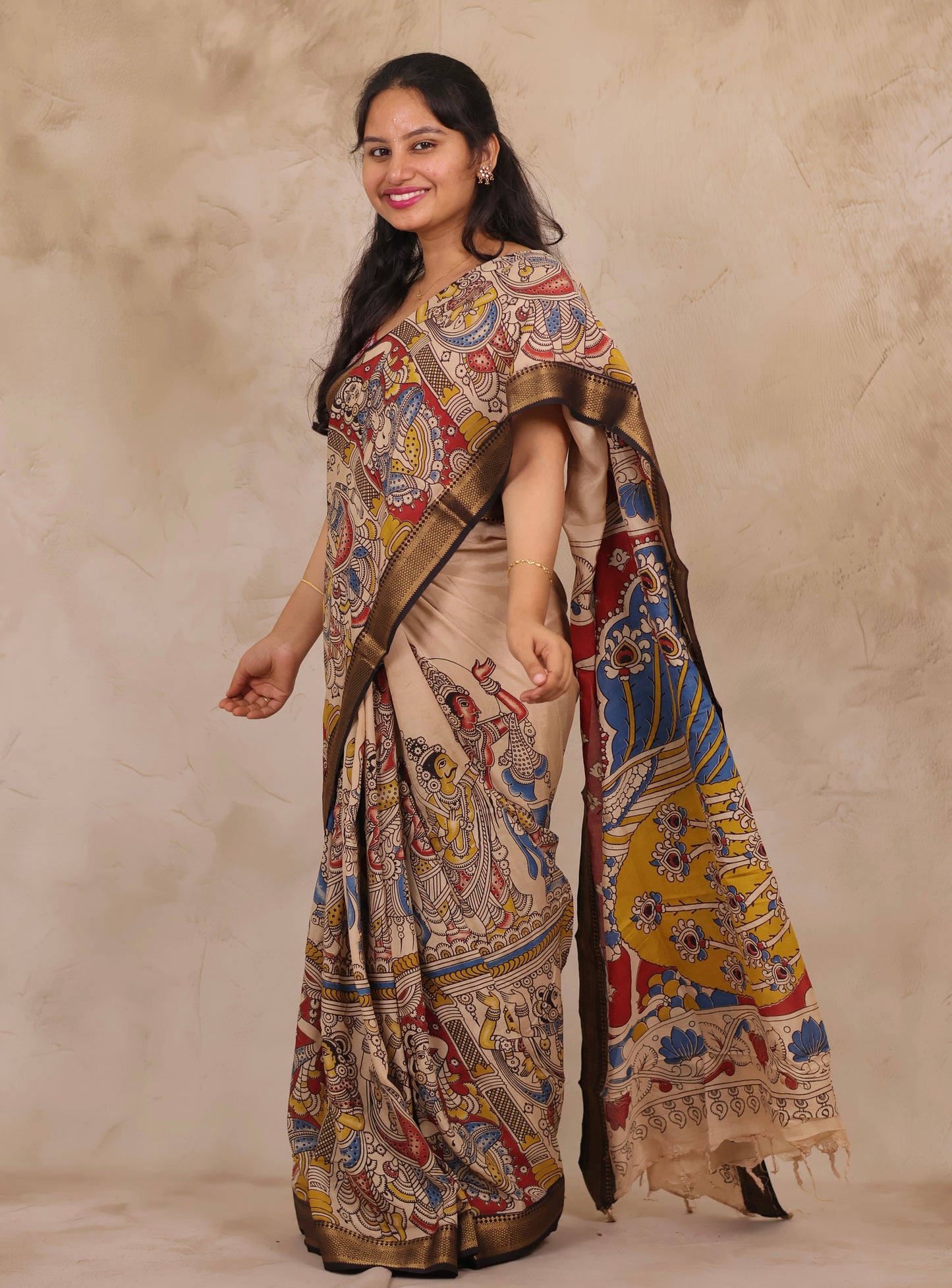 Cream Story Telling Kalamkari Nizam Border Chennur Silk Saree | Looms & Tassels
