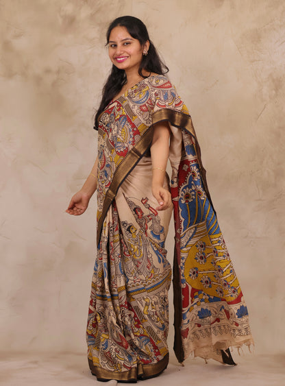 Cream Story Telling Kalamkari Nizam Border Chennur Silk Saree | Looms & Tassels