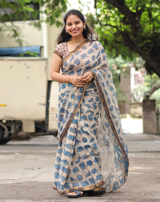 Blue Kalamkari printed Kota Doriya Saree
