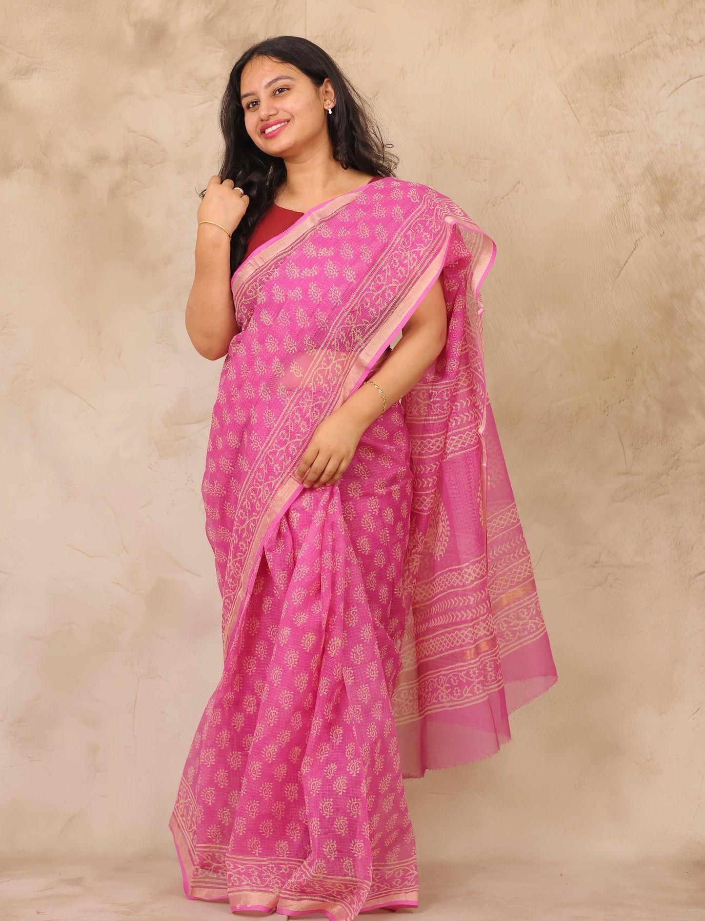 Pink Pure Kota Doria Saree with Bagru Handblock Prints | Looms & Tassels