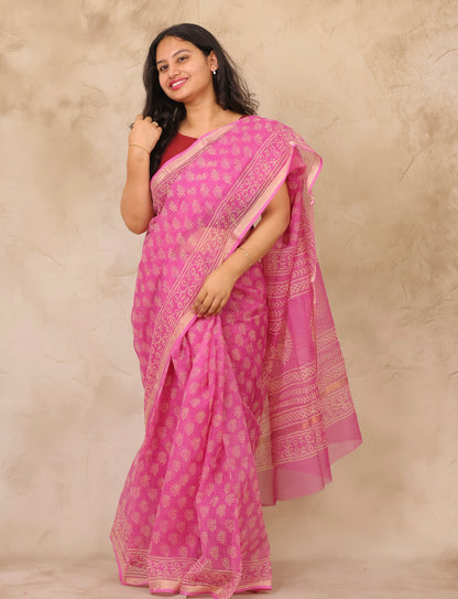 Pink Pure Kota Doria Saree with Bagru Handblock Prints | Looms & Tassels