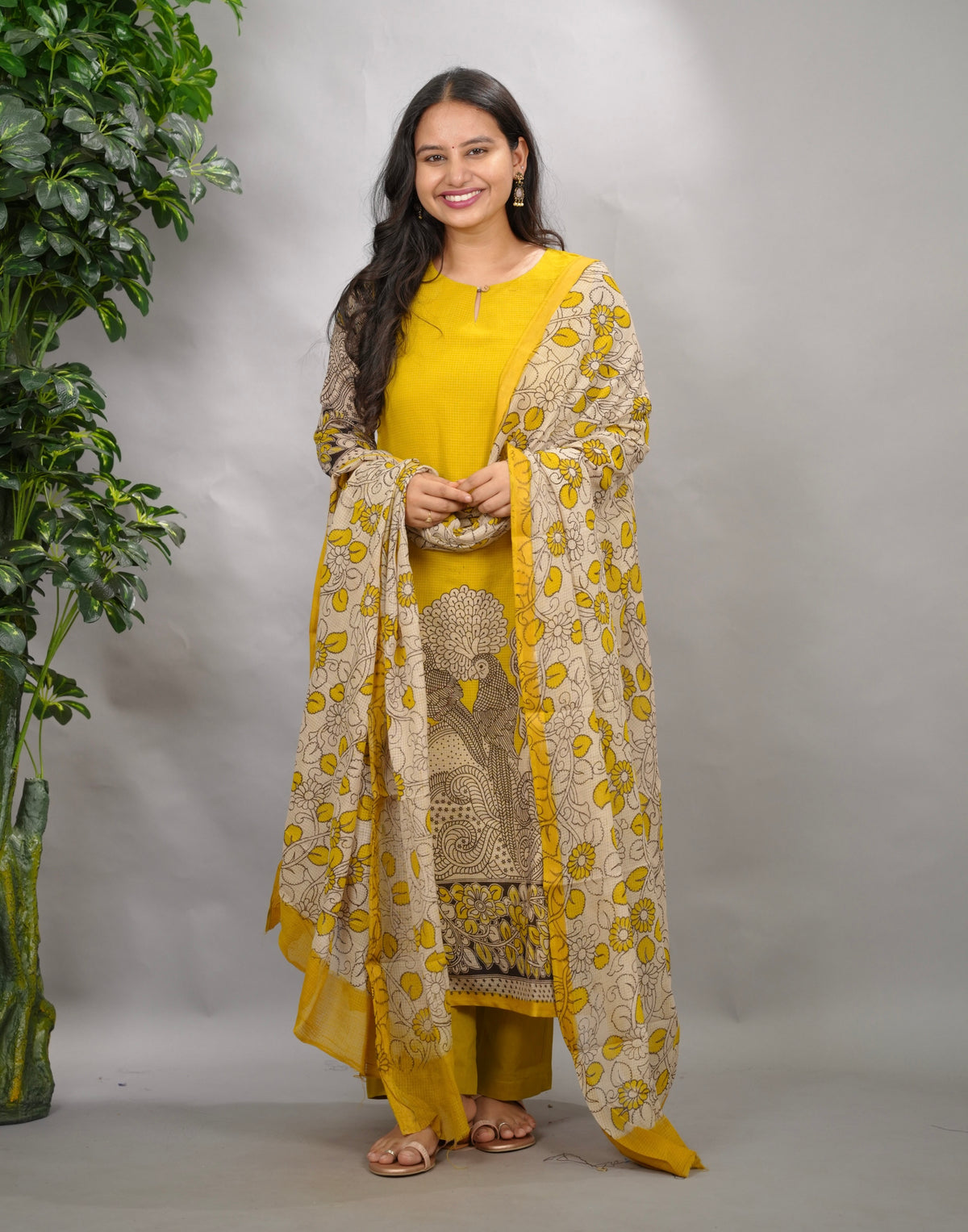 Yellow Kalamkari Kota Cotton 3 piece suit (stitched) | Looms & Tassels