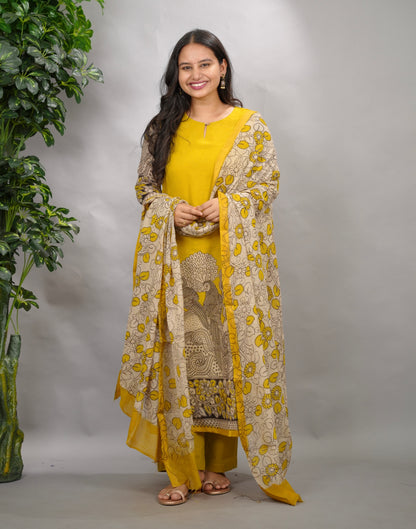 Yellow Kalamkari Kota Cotton 3 piece suit (stitched) | Looms & Tassels