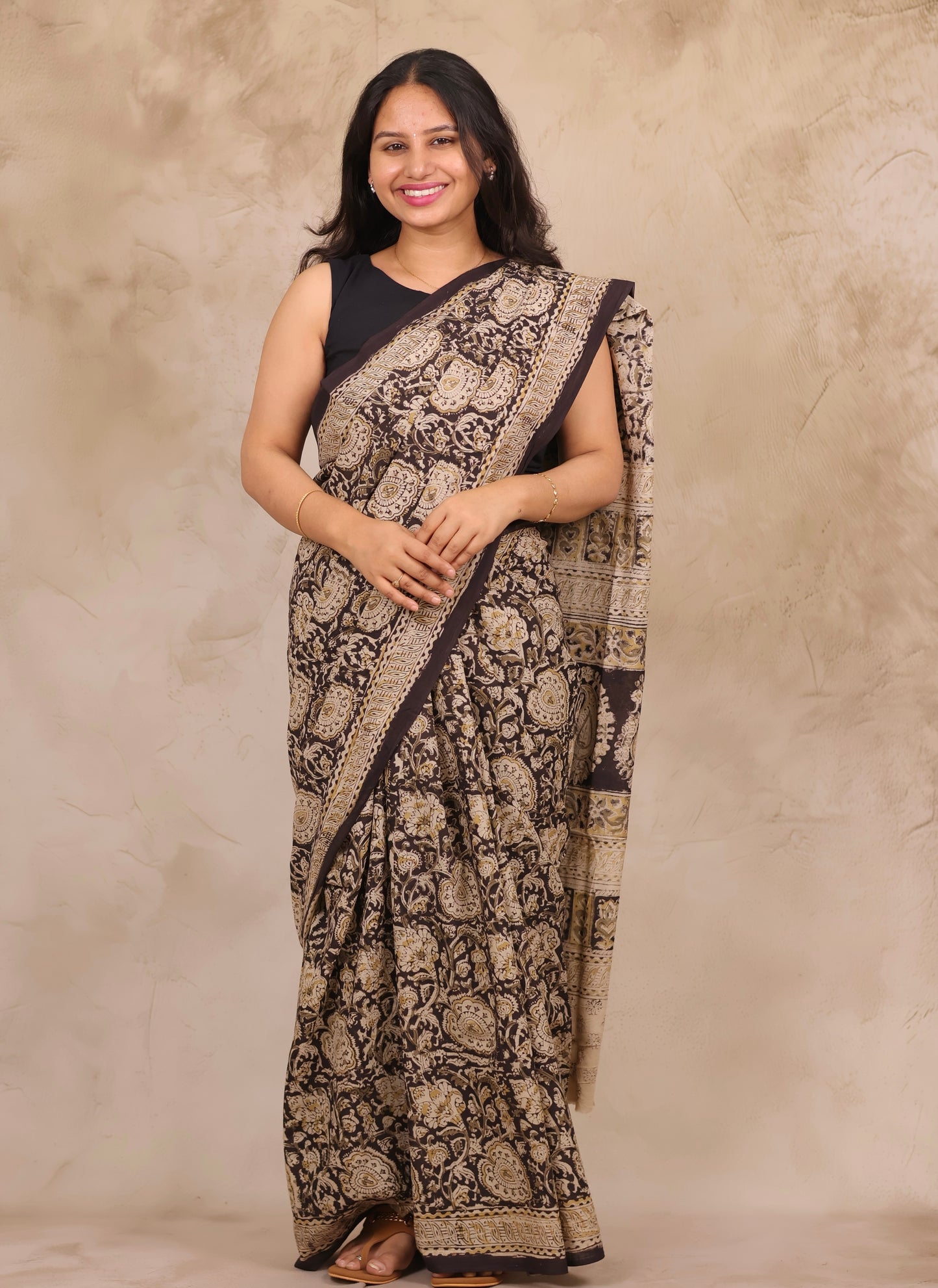 Black Hand Block Printed Kalamkari Cotton Saree | Looms & Tassels