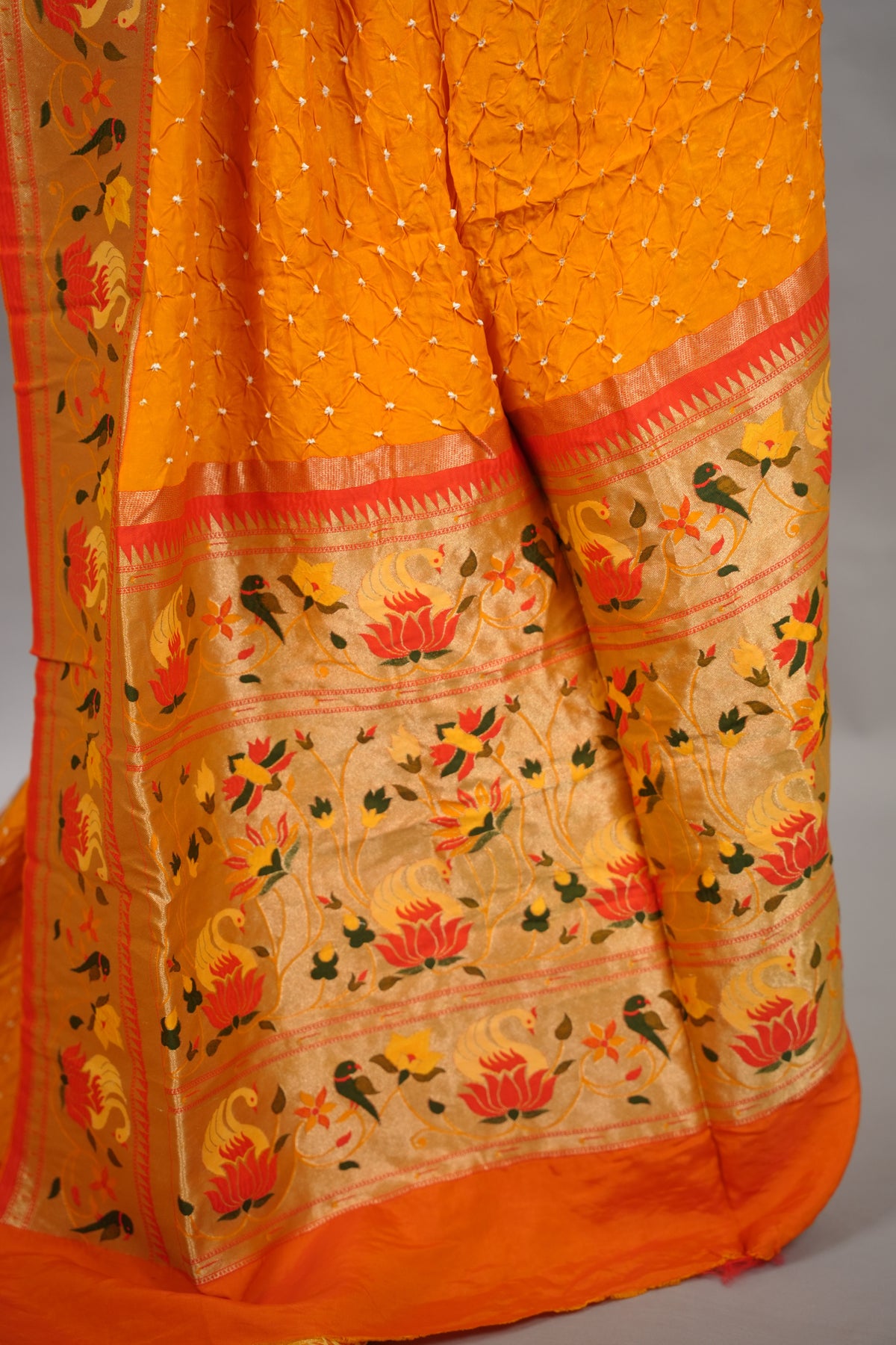 Yellow Handcrafted Bandhani Paithani Dola Silk Saree | Looms & Tassels