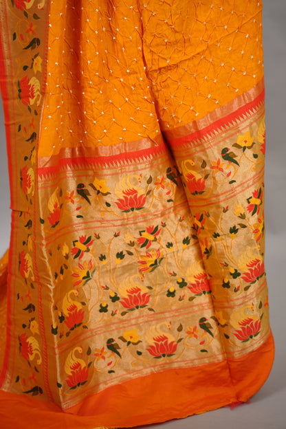 Yellow Handcrafted Bandhani Paithani Dola Silk Saree | Looms & Tassels