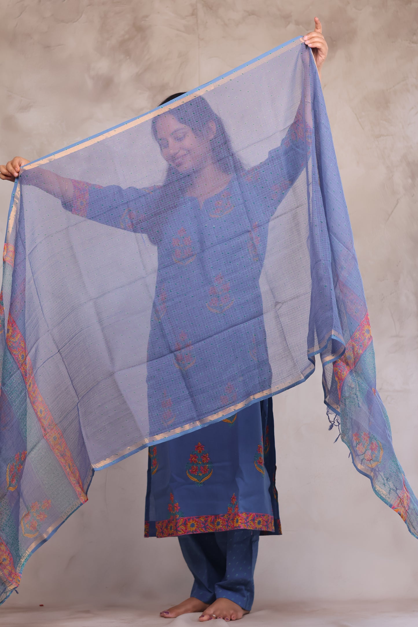 Blue Handblock printed Pure Mul Cotton with Kota Duppata 3 piece suit (stitched)