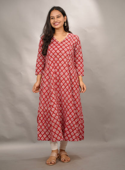 Red Pure Mul Cotton Kali Kurta | Looms & Tassels
