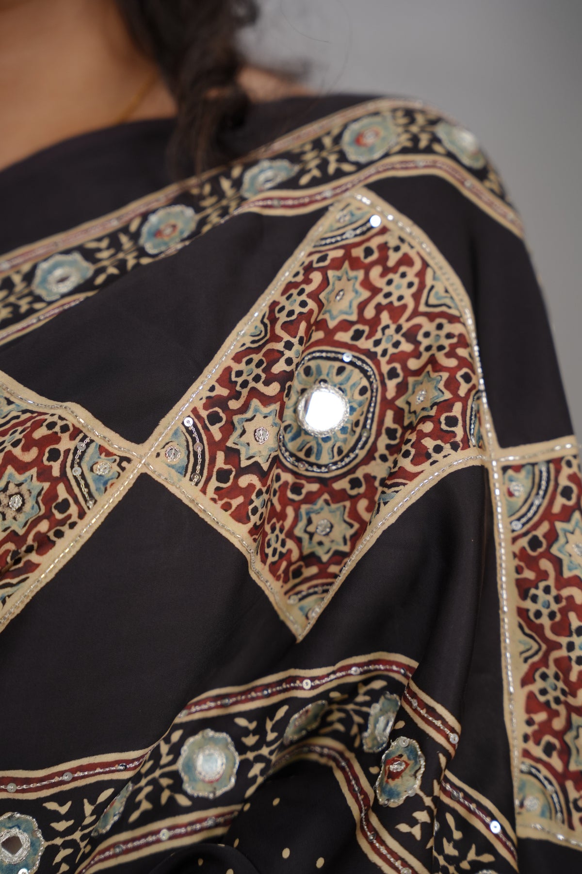 Black Ajrakh Modal Silk Hand Embroidery Saree  | Looms & Tassels