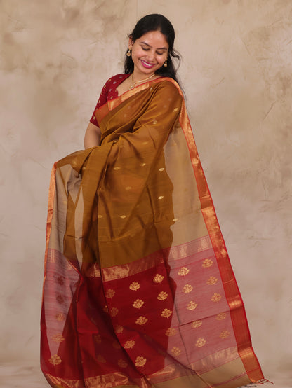 Mustard Handloom Maheswari Silk Cotton Sarees | Looms & Tassels