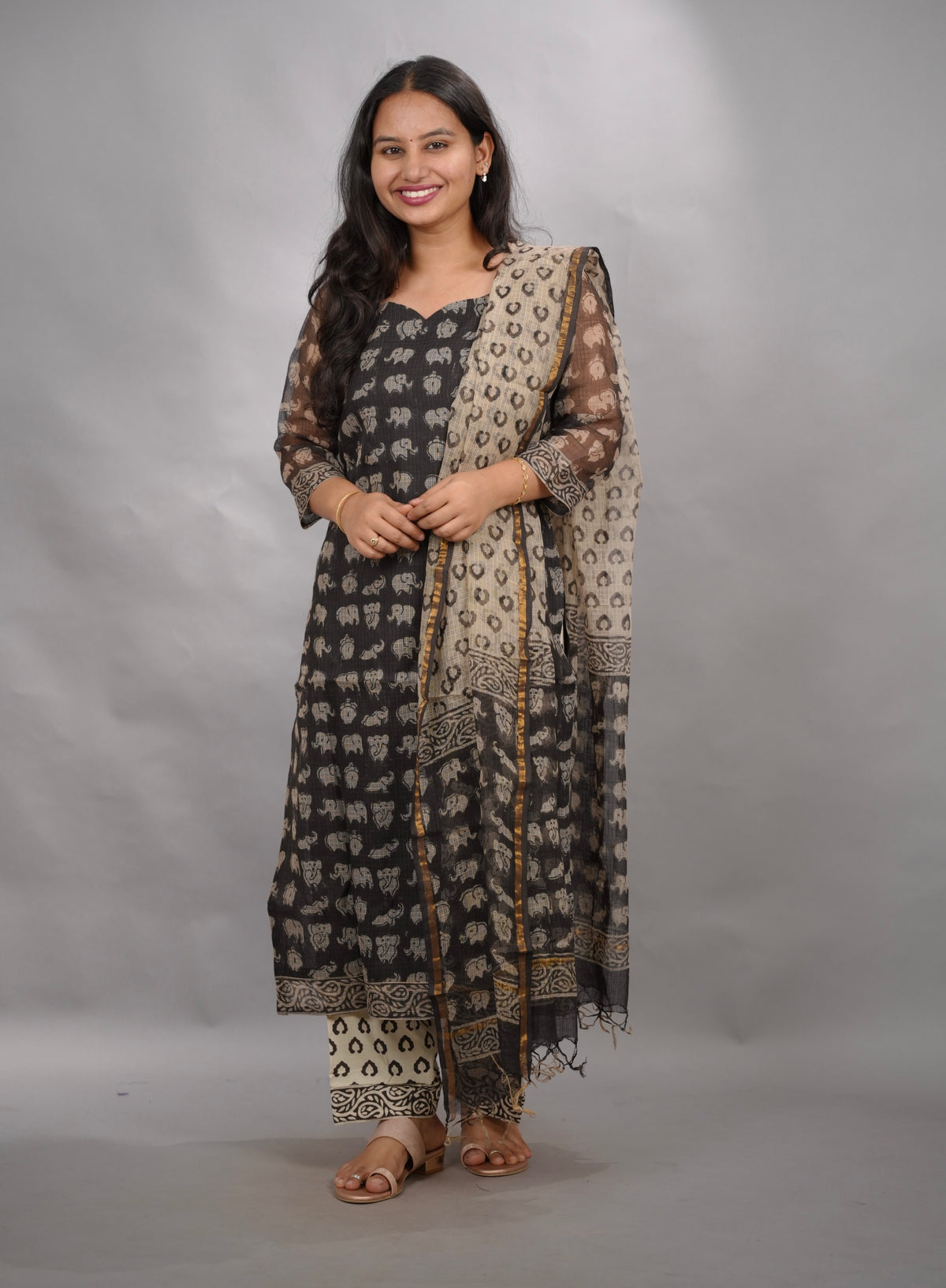 Black Handblock printed kota 3 piece suit (stitched) | Looms & Tassels