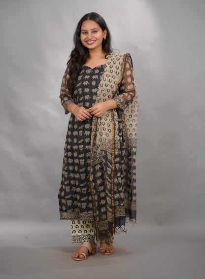 Black Handblock printed kota 3 piece suit (stitched) | Looms & Tassels