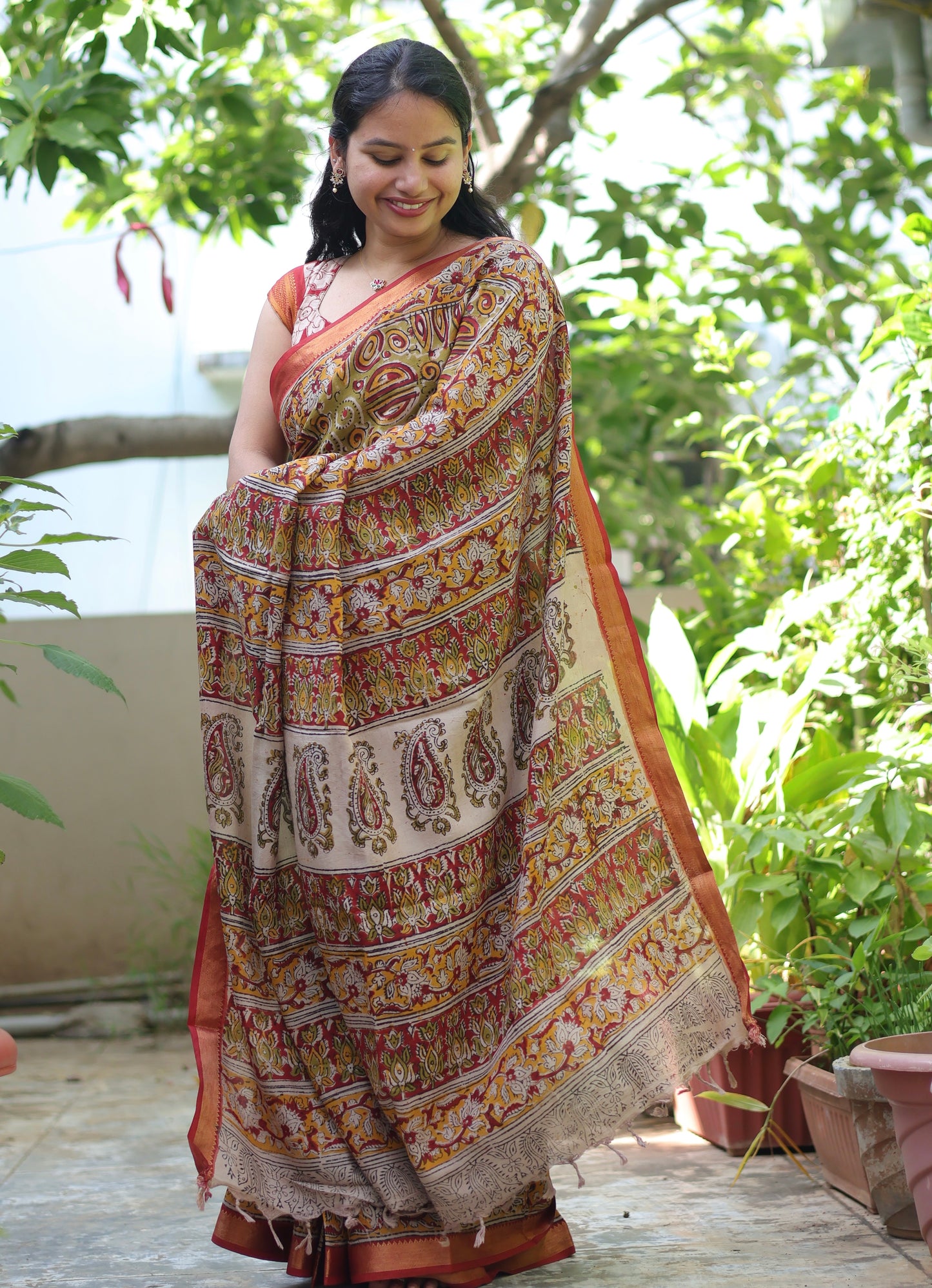 Green Hand Block Printed Kalamkari Nizam Border Silk Sare