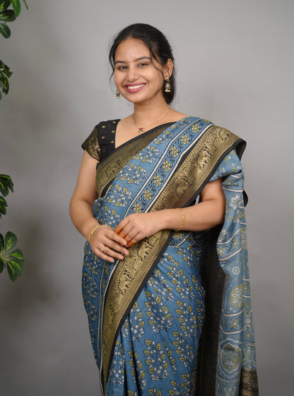 Ajrakh Dola Silk Saree - Blue | Looms & Tassels