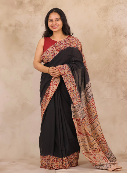Black Hand Block Printed Kalamkari Cotton Saree | Looms & Tassels