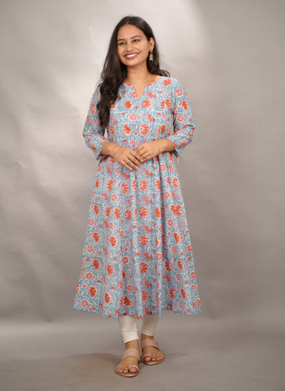 Ice Blue Pure Mul Cotton Kali Kurta  | Looms & Tassels