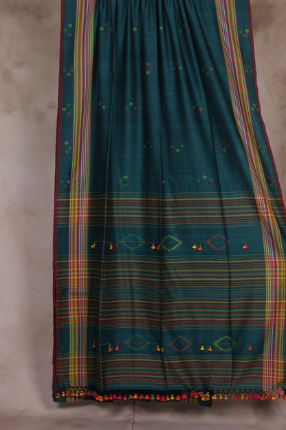 Emerald Green Bhujodi weaving Malai Cotton Saree | Looms & Tassels
