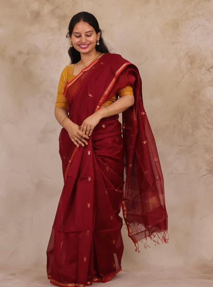 Maroon Handloom Maheswari Silk Cotton Sarees | Looms & Tassels