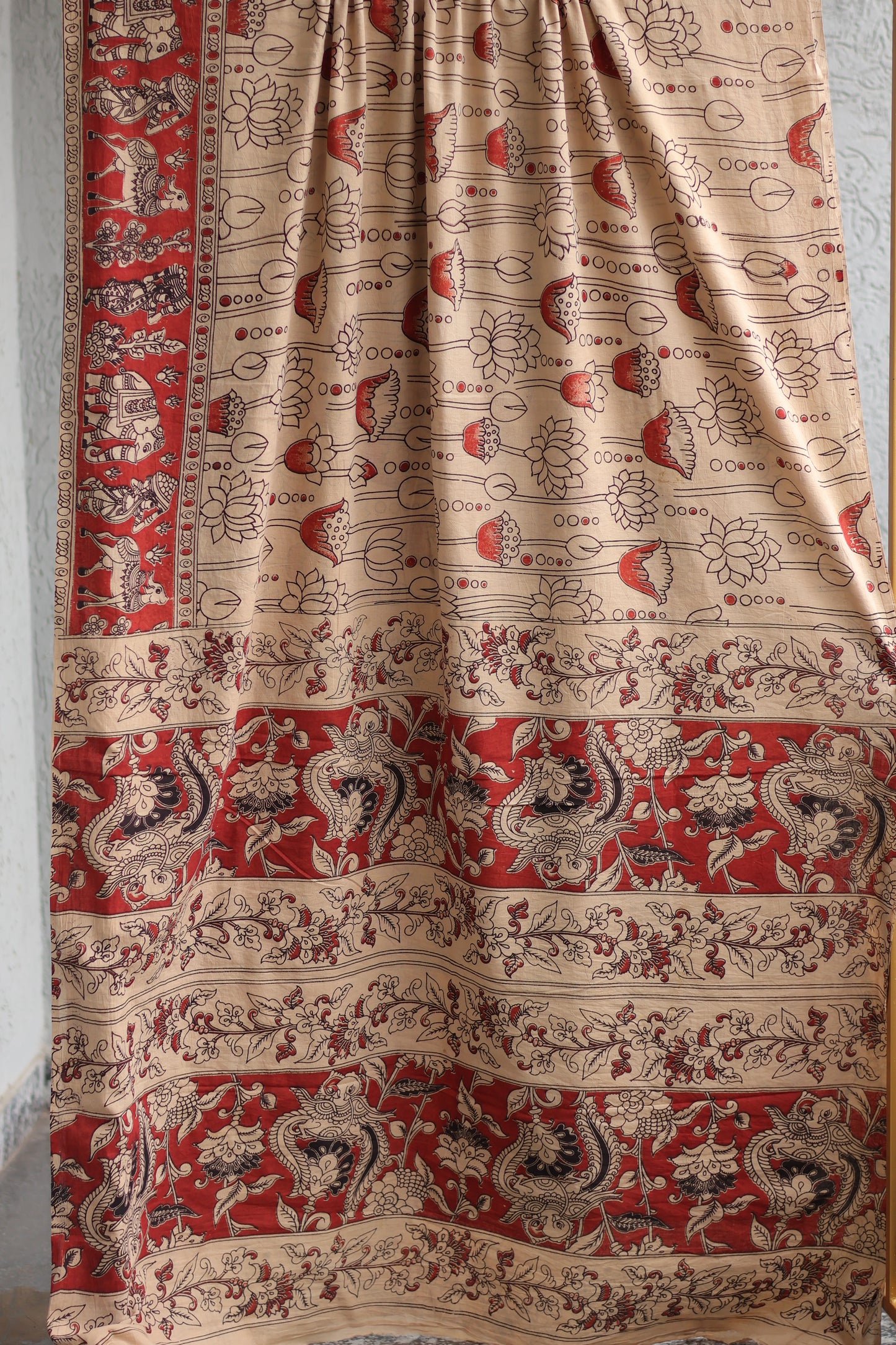 Cream Lotus Kalamkari Cotton Saree
