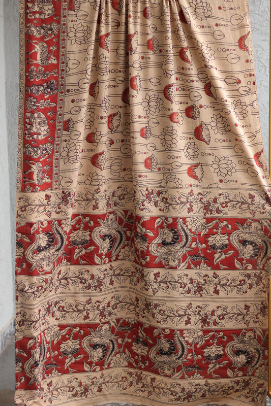 Cream Lotus Kalamkari Cotton Saree