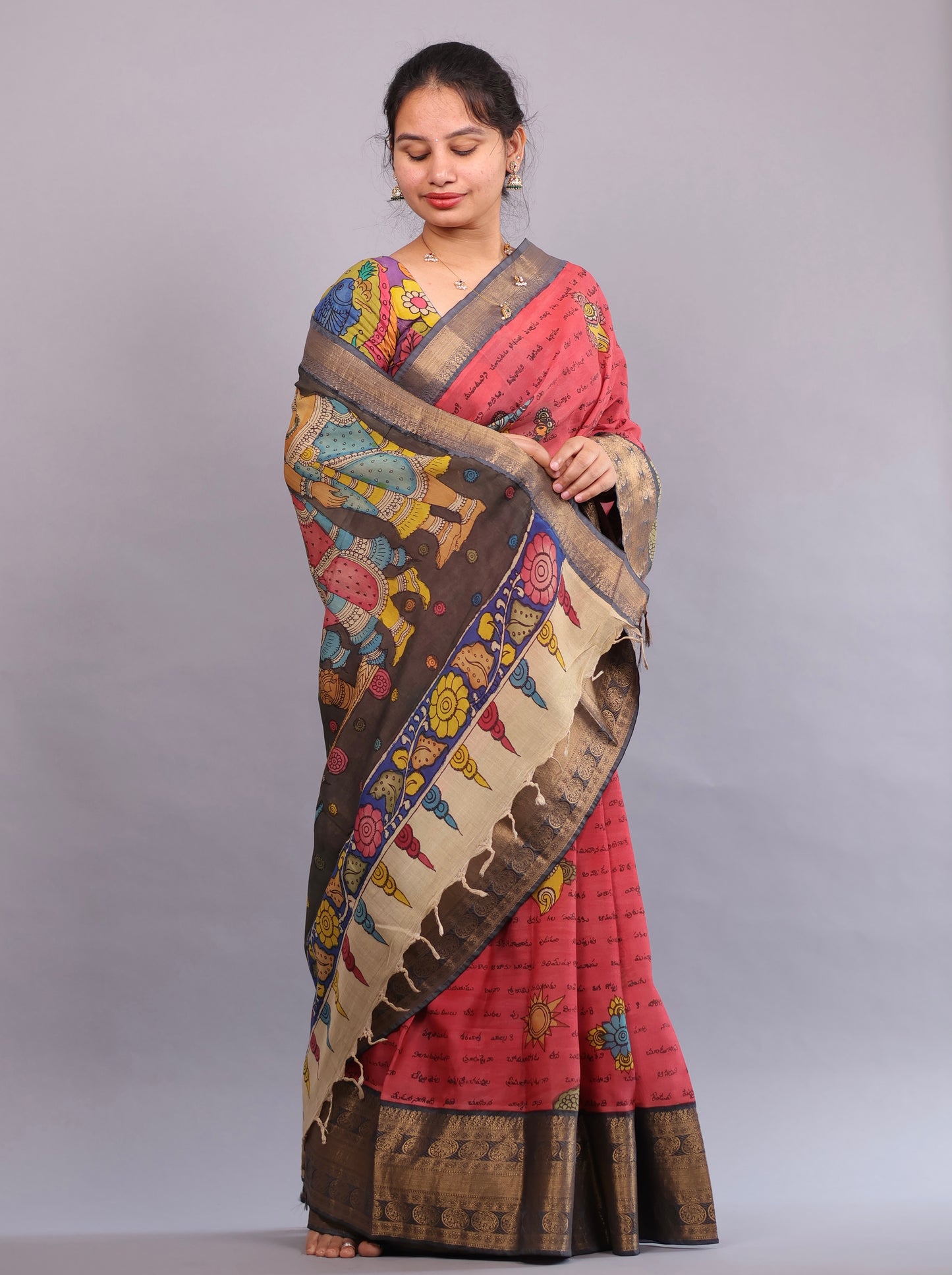 Pink Hand Painted Pen Kalamkari Silk Saree