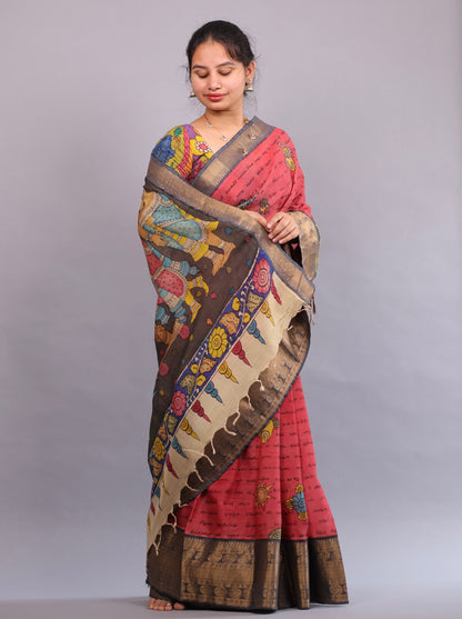 Pink Hand Painted Pen Kalamkari Silk Saree