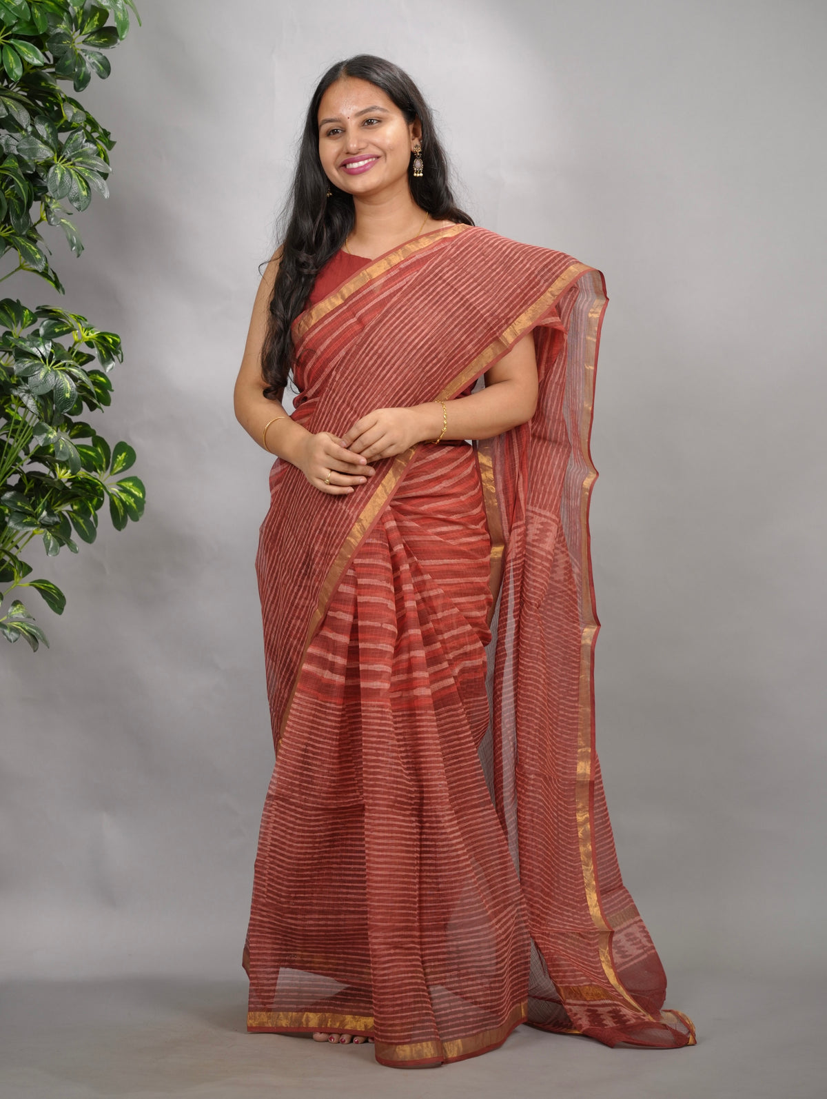Maroon Stripes Contemporary Pure Kota Doria Saree with Bagru Handblock Prints